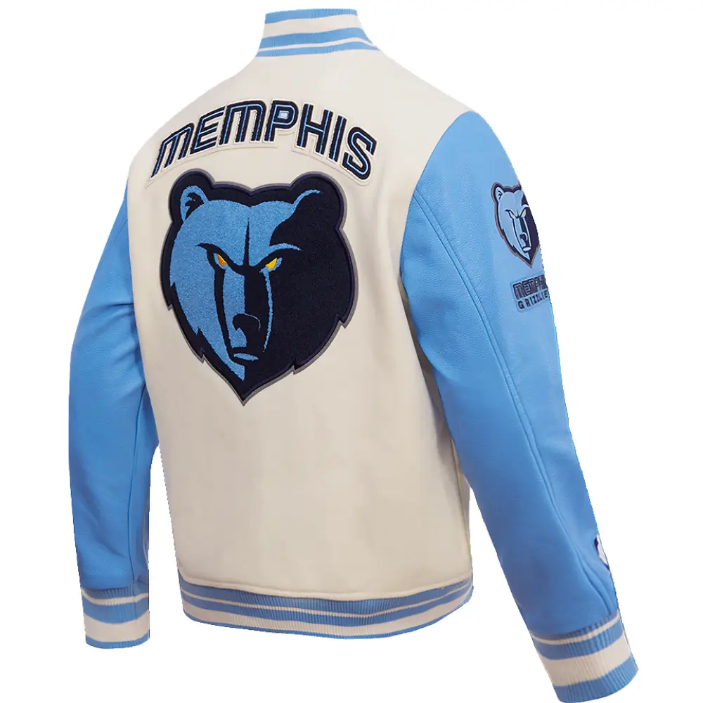 Memphis Grizzlies Men's Retro Classic Cream/Sky Blue Varsity Jacket - Image 4