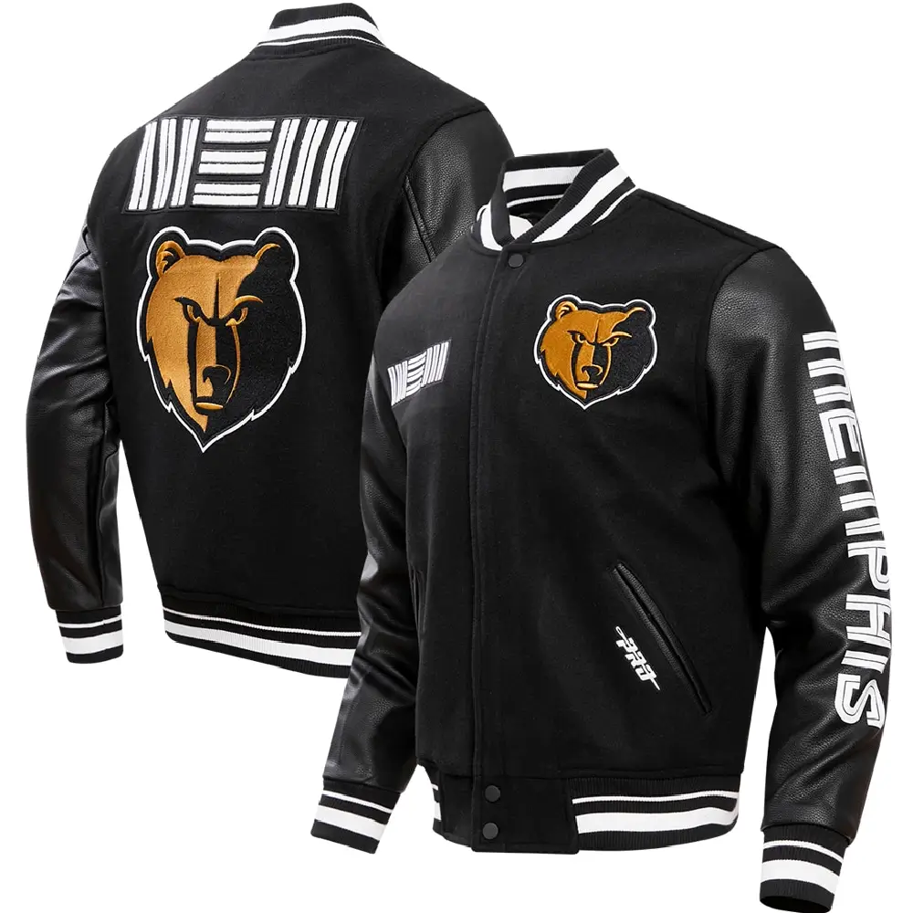 Memphis Grizzlies Script Tail Wool & Leather Black Varsity Jacket - Image 3