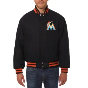 Miami Marlins Baseball Team Players Black Full Wool One Color Varsity Jacket