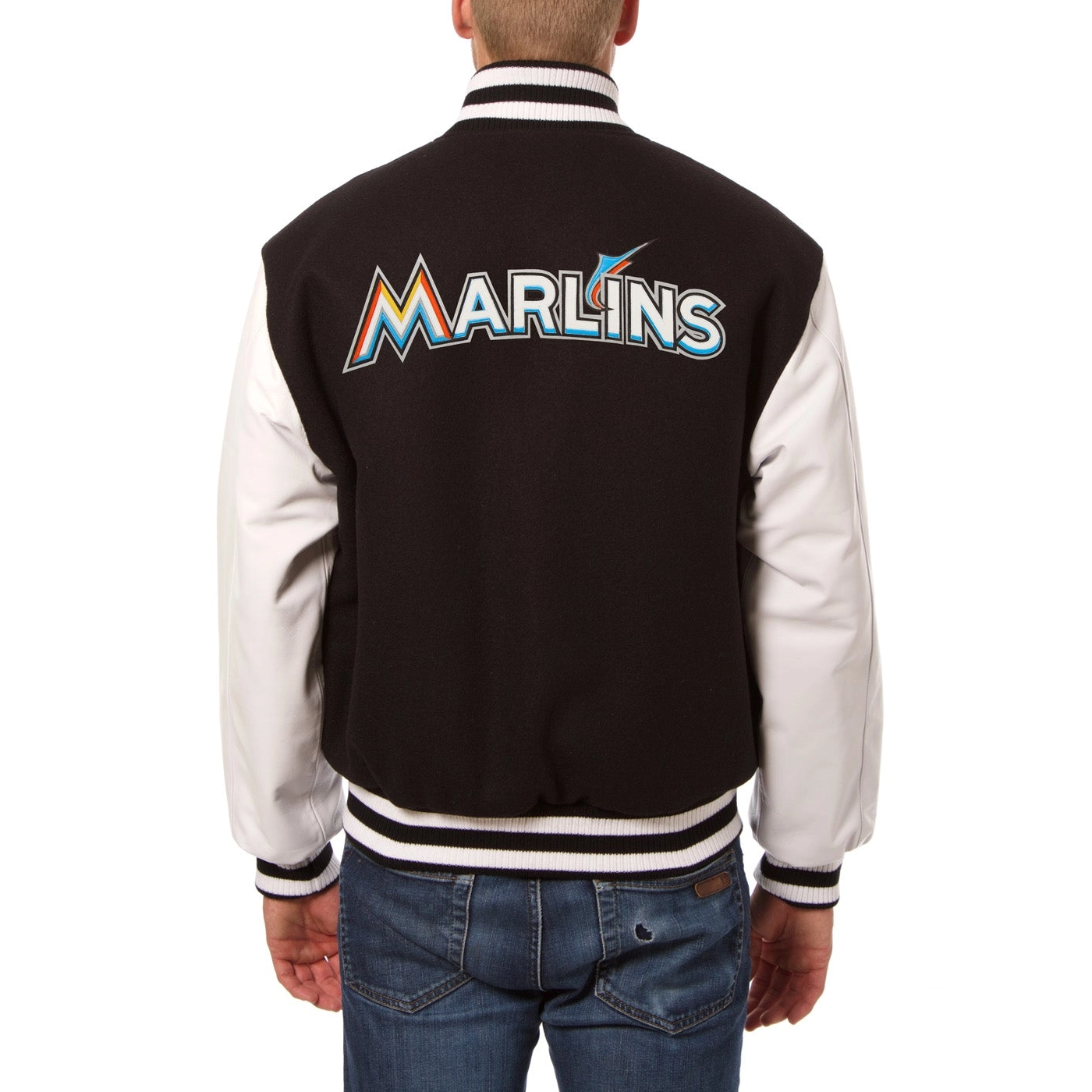 Miami Marlins Two Tone Wool & Leather Varsity Jacket - Image 2