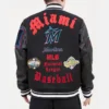 Miami Marlins Old English Rib Knitted Black Wool & Leather Varsity Jacket - Image 2
