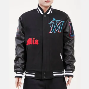 Miami Marlins Old English Rib Knitted Black Wool & Leather Varsity Jacket