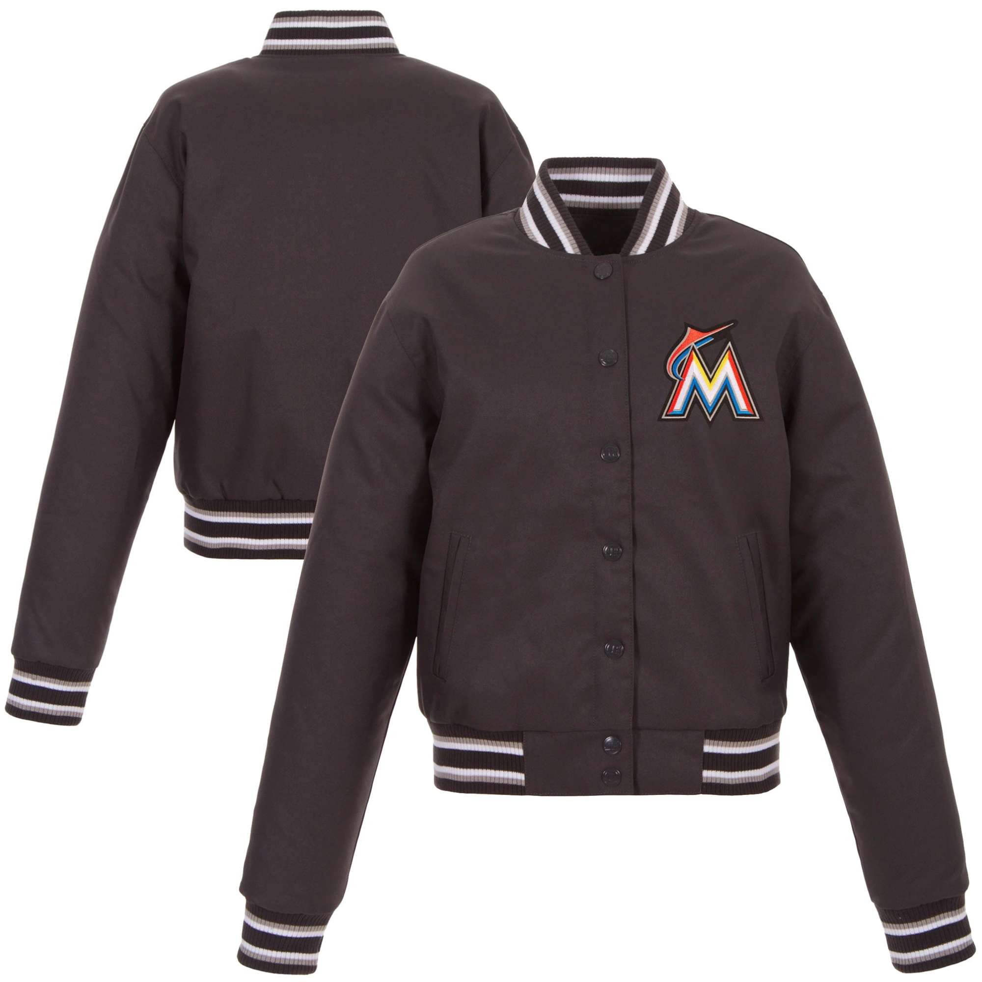 Women's Miami Marlins Women's Poly-Twill Full Snap Satin Varsity Jacket - Image 3