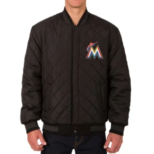 Alternative view of Miami Marlins Black Wool & Leather Reversible Varsity Jacket