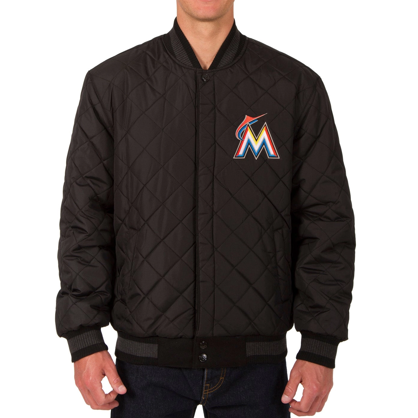 Miami Marlins Black Wool & Leather Reversible Varsity Jacket - Image 2