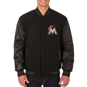 Miami Marlins Black Wool & Leather Reversible Varsity Jacket