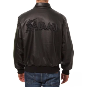 Alternative view of Miami Marlins Shirt Style Collar Full Leather Black Varsity Jacket