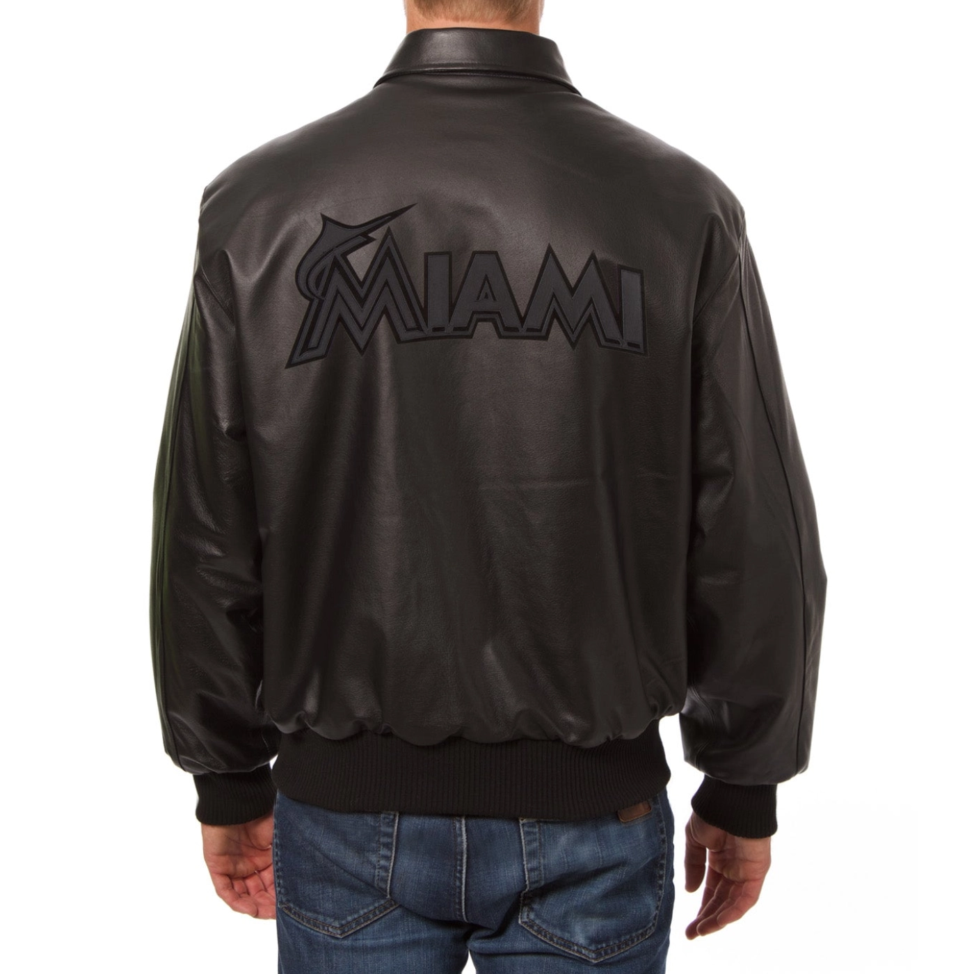 Miami Marlins Shirt Style Collar Full Leather Black Varsity Jacket - Image 2