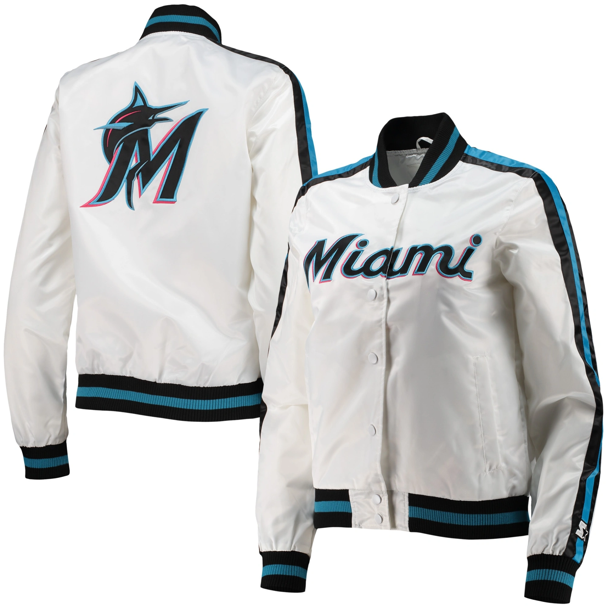 Women's Miami Marlins Women's Starter Competition Full-Snap Satin Varsity White Jacket - Image 3