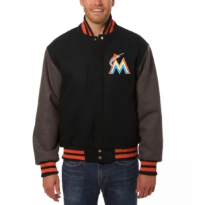 Miami Marlins Full Wool Two Tone Varsity Jacket Black & Gray