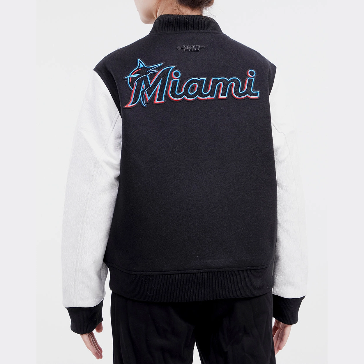 Women's Miami Marlins Retro Classic Women's Wool & Leather Varsity Jacket Black & White - Image 2