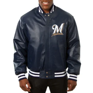 Milwaukee Brewers Full Leather Varsity Navy Jacket