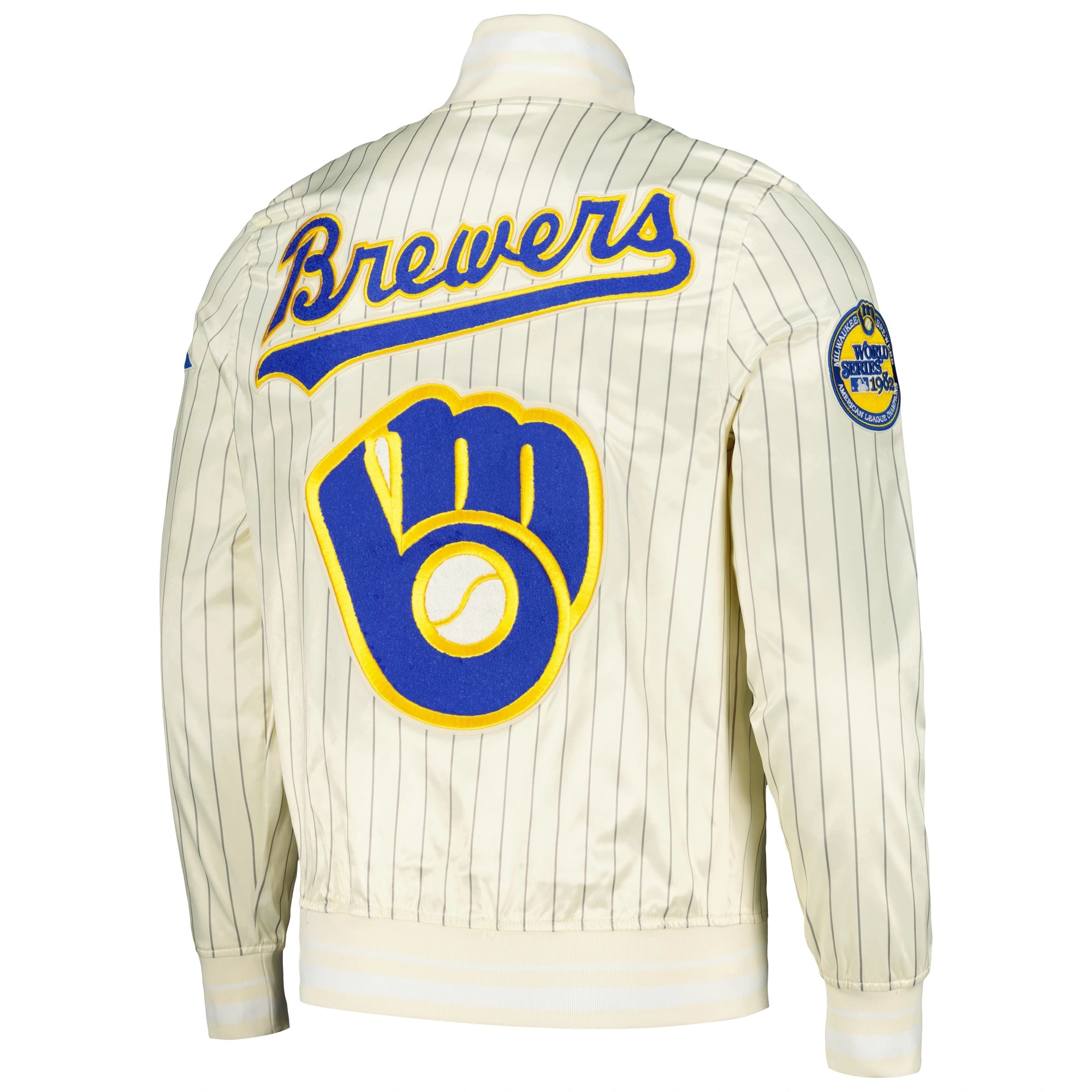 Milwaukee Brewers Pro Standard Cooperstown Pinstripe Retro Classic Satin Varsity Jacket - Image 2