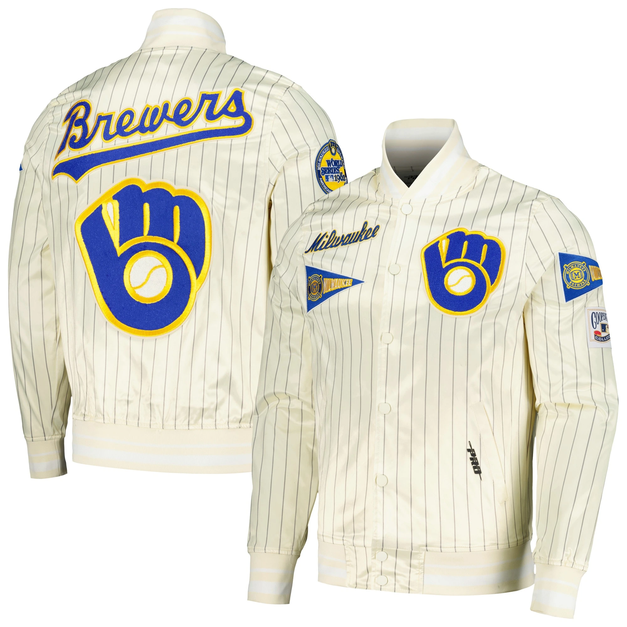 Milwaukee Brewers Pro Standard Cooperstown Pinstripe Retro Classic Satin Varsity Jacket - Image 3