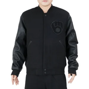 Milwaukee Brewers Pro Standard Triple Black Wool & Leather Varsity Jacket