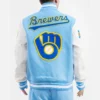 Milwaukee Brewers Retro Classic Wool & Leather Varsity Jacket Sky Blue & White - Image 2
