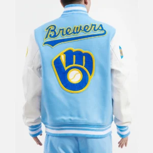 Alternative view of Milwaukee Brewers Retro Classic Wool & Leather Varsity Jacket Sky Blue & White