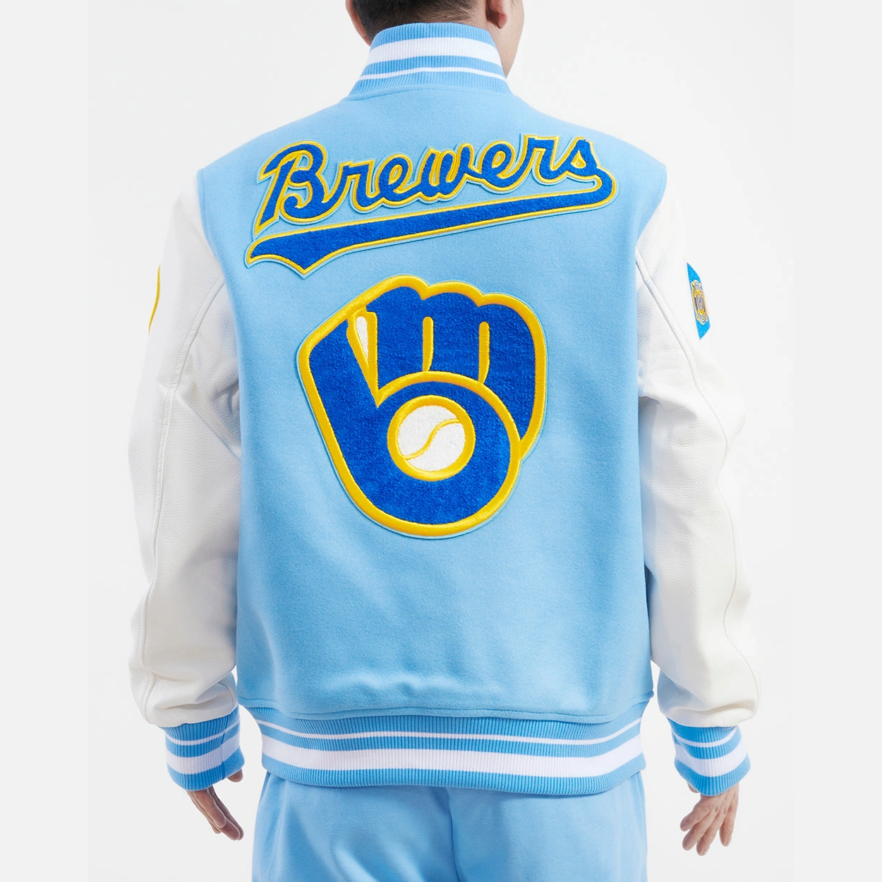 Milwaukee Brewers Retro Classic Wool & Leather Varsity Jacket Sky Blue & White - Image 2