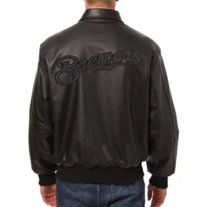 Alternative view of Milwaukee Brewers Shirt Style Collar Full Leather Black Varsity Jacket