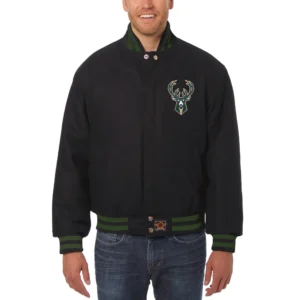Milwaukee Bucks Logo Full Wool One Color Tall Black Wool Varsity Jacket