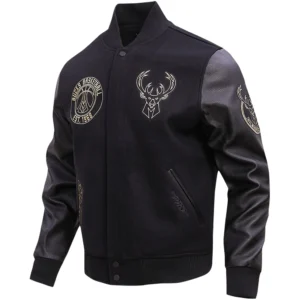 Milwaukee Bucks Triple Black Pro Standard Black Gold Stitch Wool & Leather Varsity Jacket
