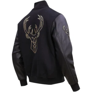 Alternative view of Milwaukee Bucks Triple Black Pro Standard Black Gold Stitch Wool & Leather Varsity Jacket