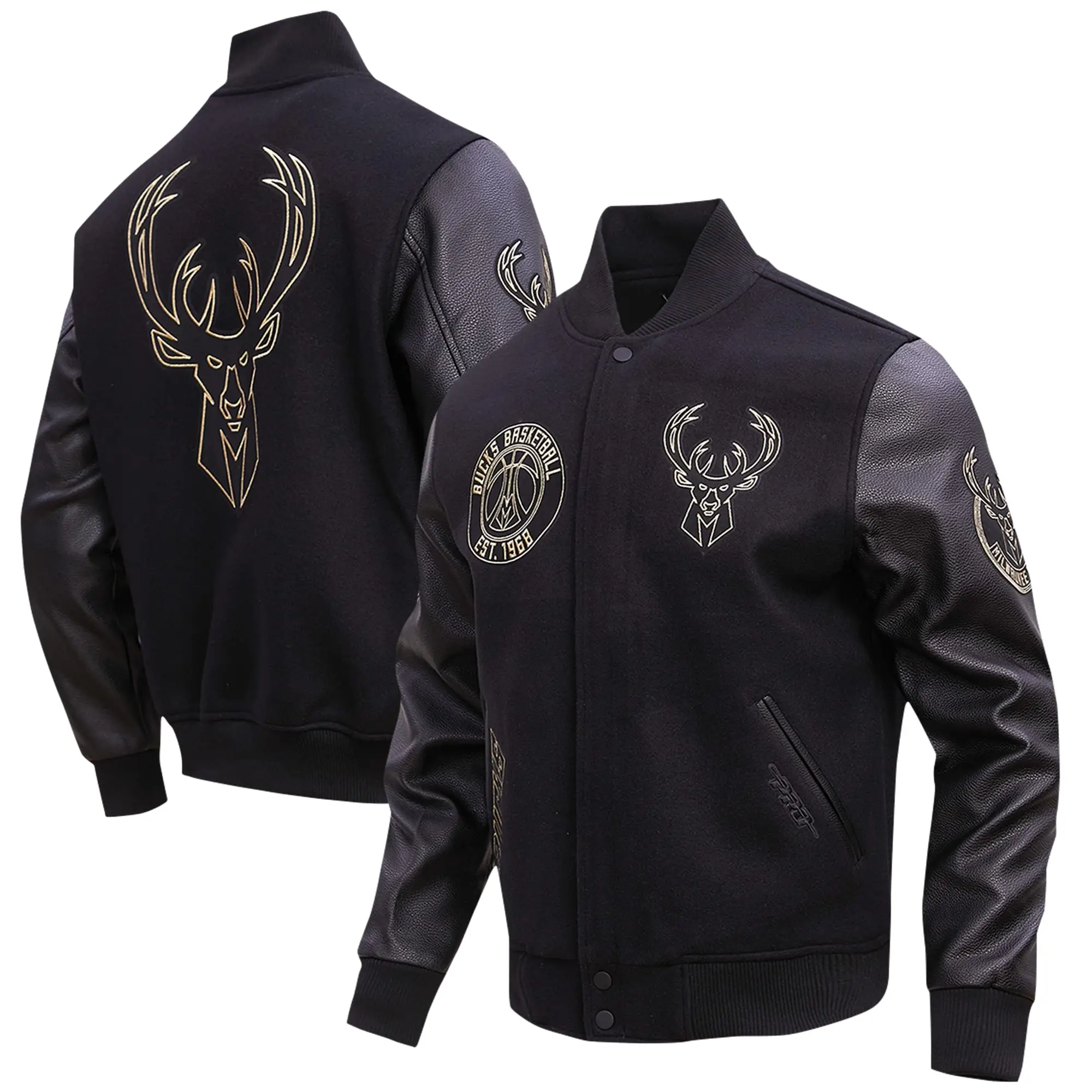 Milwaukee Bucks Triple Black Pro Standard Black Gold Stitch Wool & Leather Varsity Jacket - Image 4