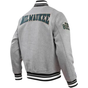 Alternative view of Milwaukee Bucks Pro Standard Heather Crest Emblem Full-Snap Gray Varsity Jacket
