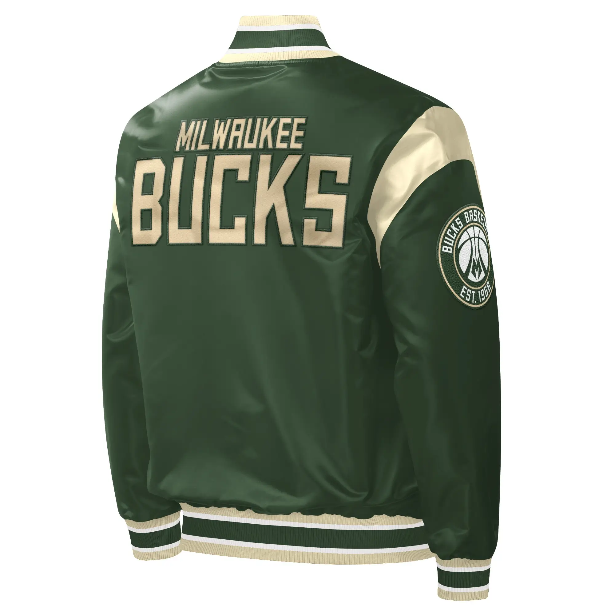 Milwaukee Bucks Starter Hunter Force Play Green Satin Varsity Jacket - Image 2
