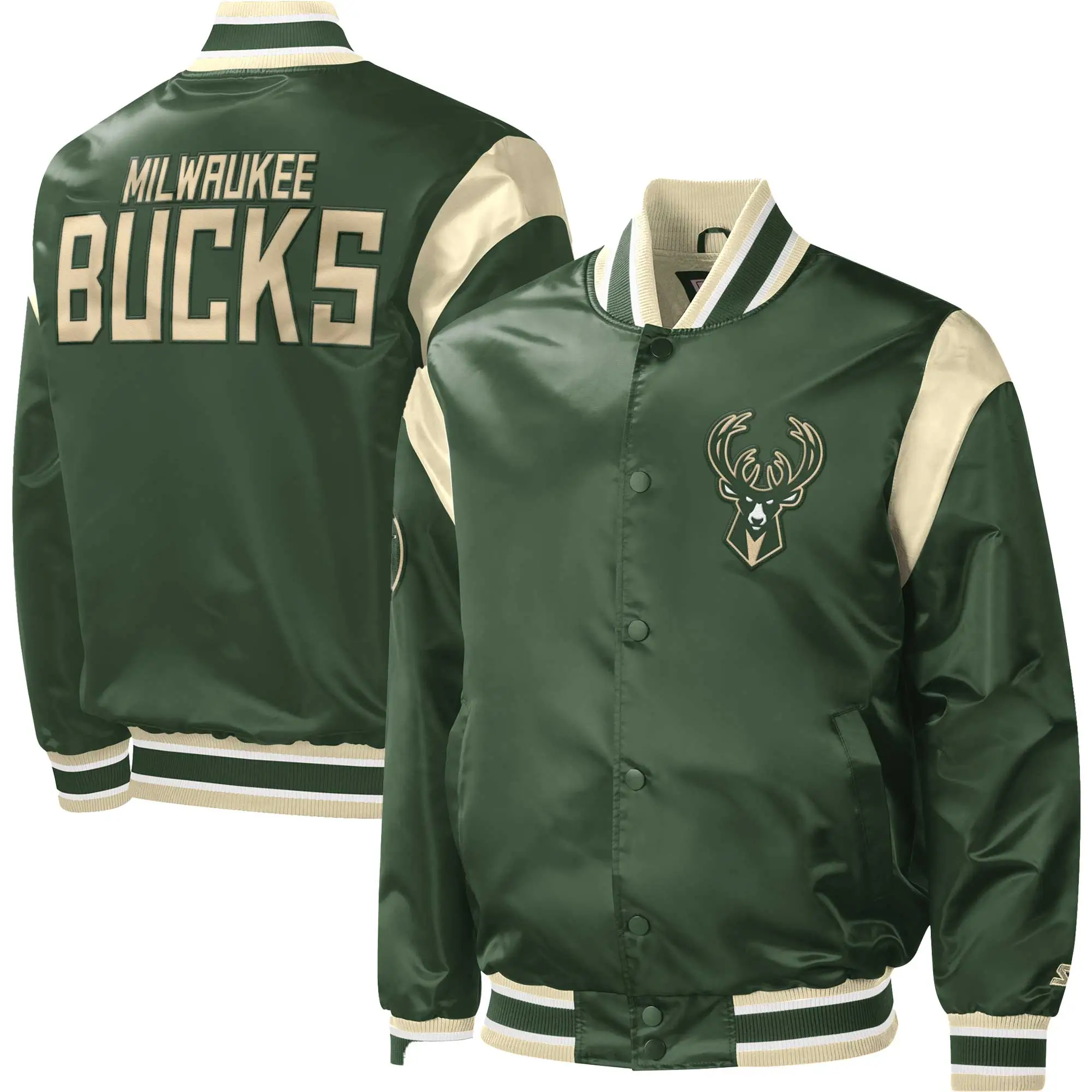 Milwaukee Bucks Starter Hunter Force Play Green Satin Varsity Jacket - Image 4