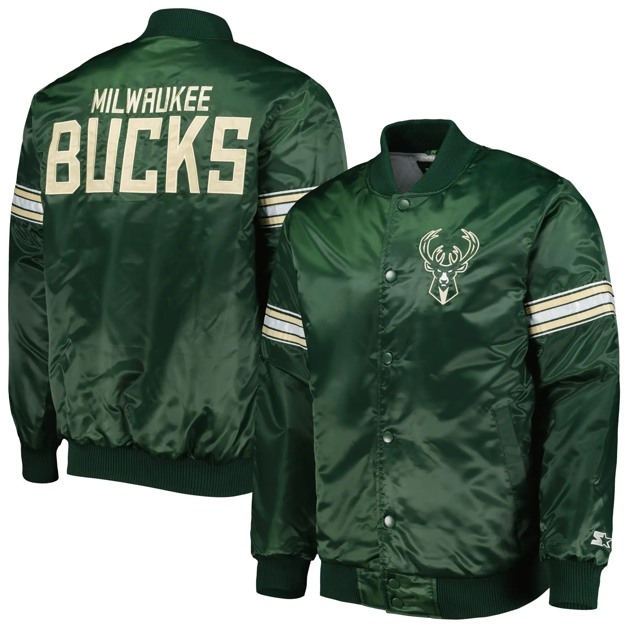 Milwaukee Bucks Starter Hunter Pick & Roll Green Satin Varsity Jacket - Image 4