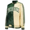 Milwaukee Bucks Starter Hunter Split Green/Cream Fast Break Satin Varsity Jacket