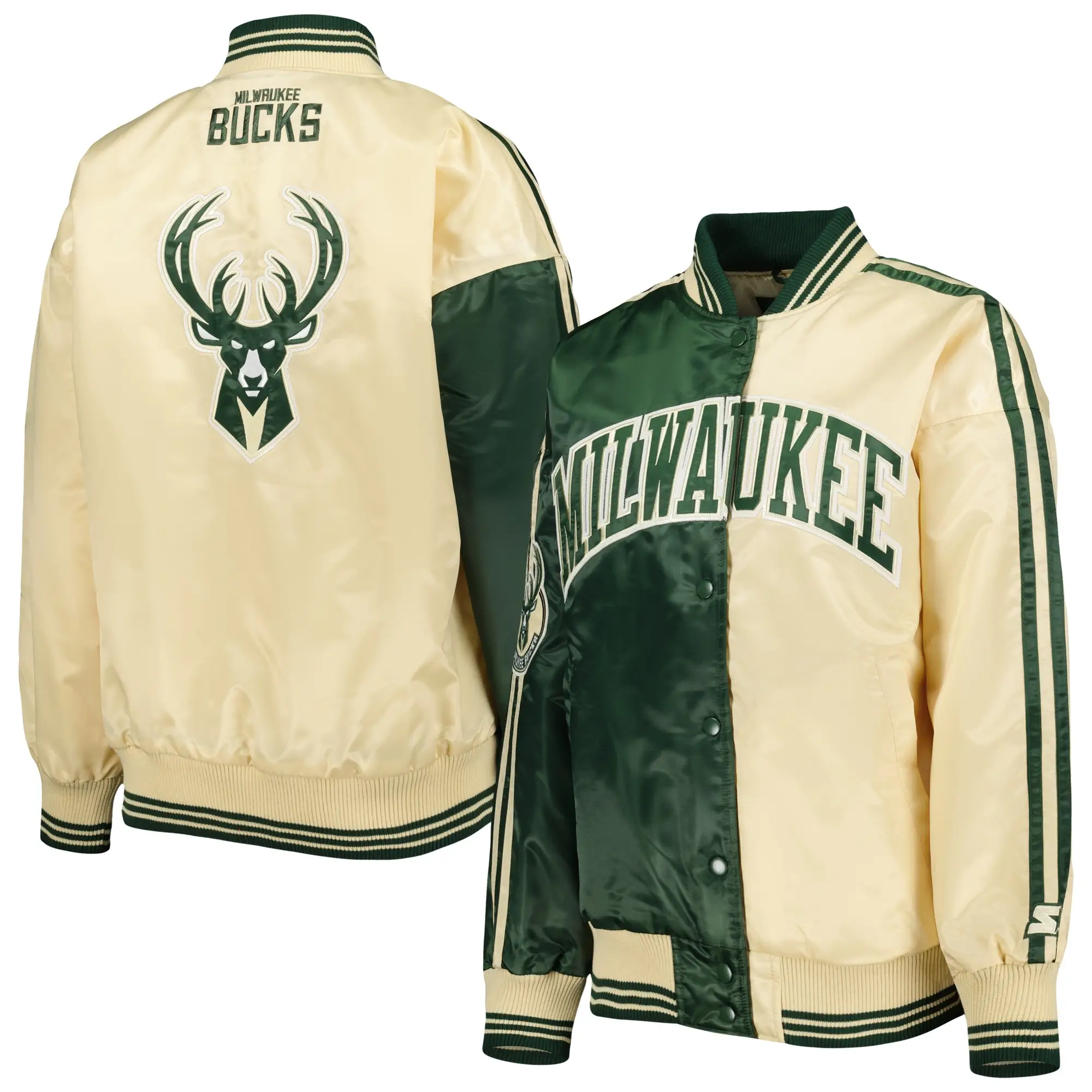Milwaukee Bucks Starter Hunter Split Green/Cream Fast Break Satin Varsity Jacket - Image 4