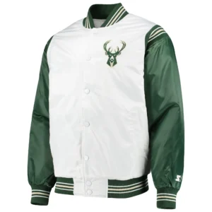 Milwaukee Bucks The Enforcer Starter Renegade White & Hunter Green Satin Varsity Jacket