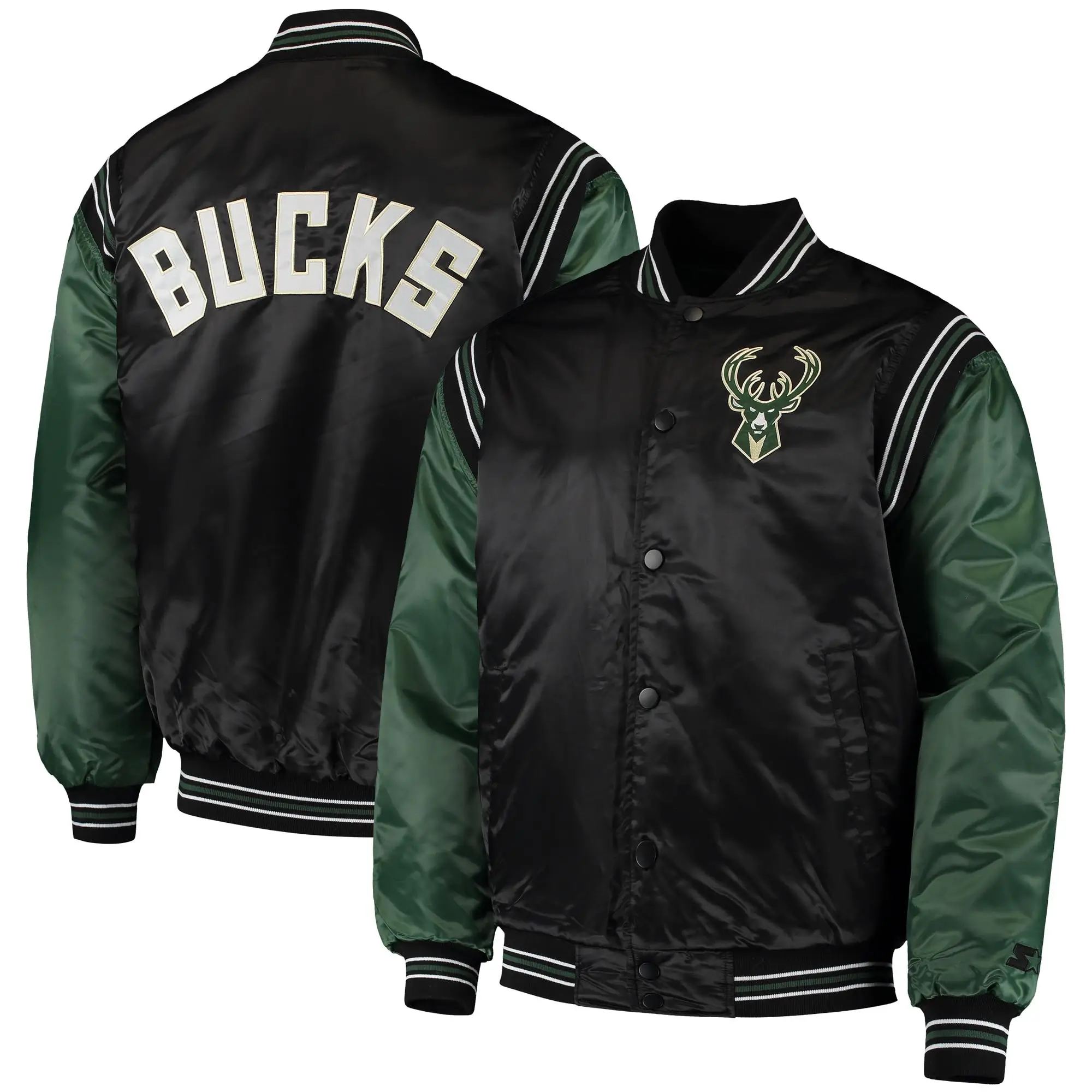 Milwaukee Bucks Starter The Enforcer Black & Hunter Green Varsity Satin Jacket - Image 4