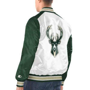 Alternative view of Milwaukee Bucks Starter White/Hunter Green Renegade Satin Varsity Jacket