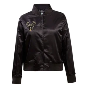 Milwaukee Bucks Triple Black Women's Pro Standard Black Glam Satin Varsity Jacket