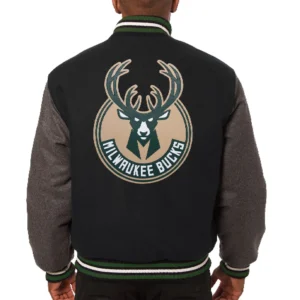 Alternative view of Milwaukee Bucks Two Tone Wool & Leather Varsity Jacket Black & Grey