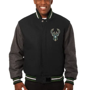 Milwaukee Bucks Two Tone Wool & Leather Varsity Jacket Black & Grey