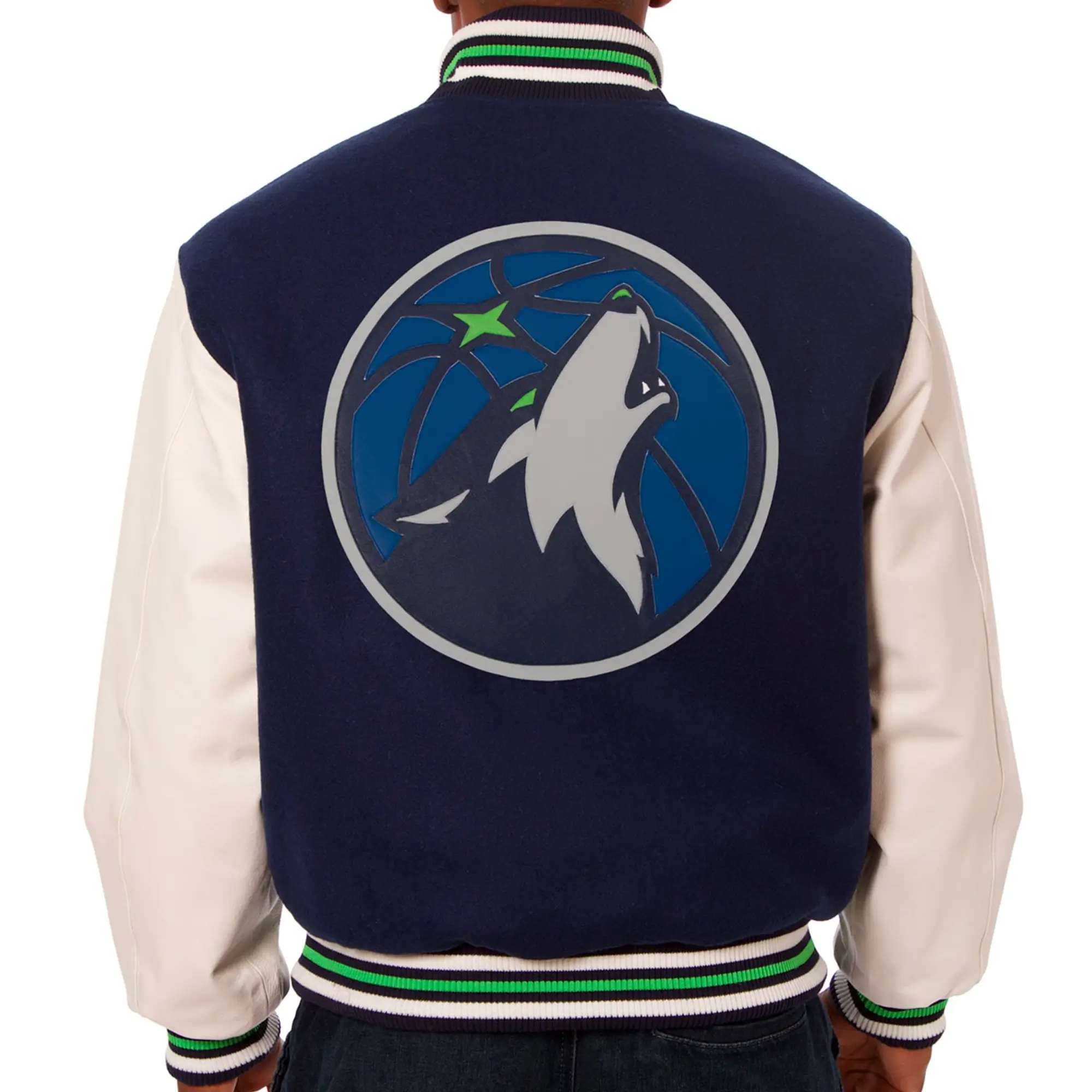 Minnesota Timberwolves Two Tone Wool & Leather Varsity Jacket Navy & White - Image 2