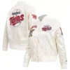Minnesota Twins Classic Pro Standard Women's Pinstripe Full-Snap Satin Varsity Cream Jacket - Image 3