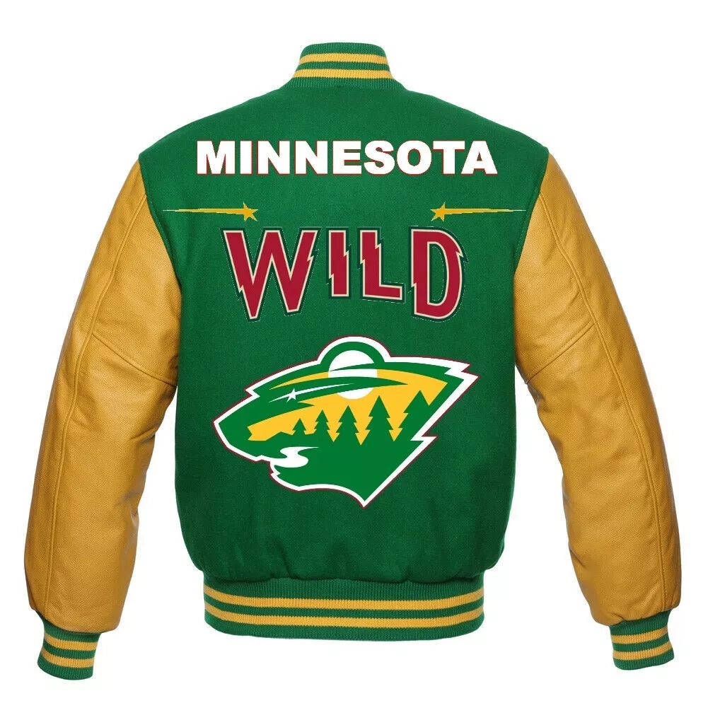 Minnesota Wild Letterman Green/Yellow Wool & Leather Varsity Jacket - Image 2