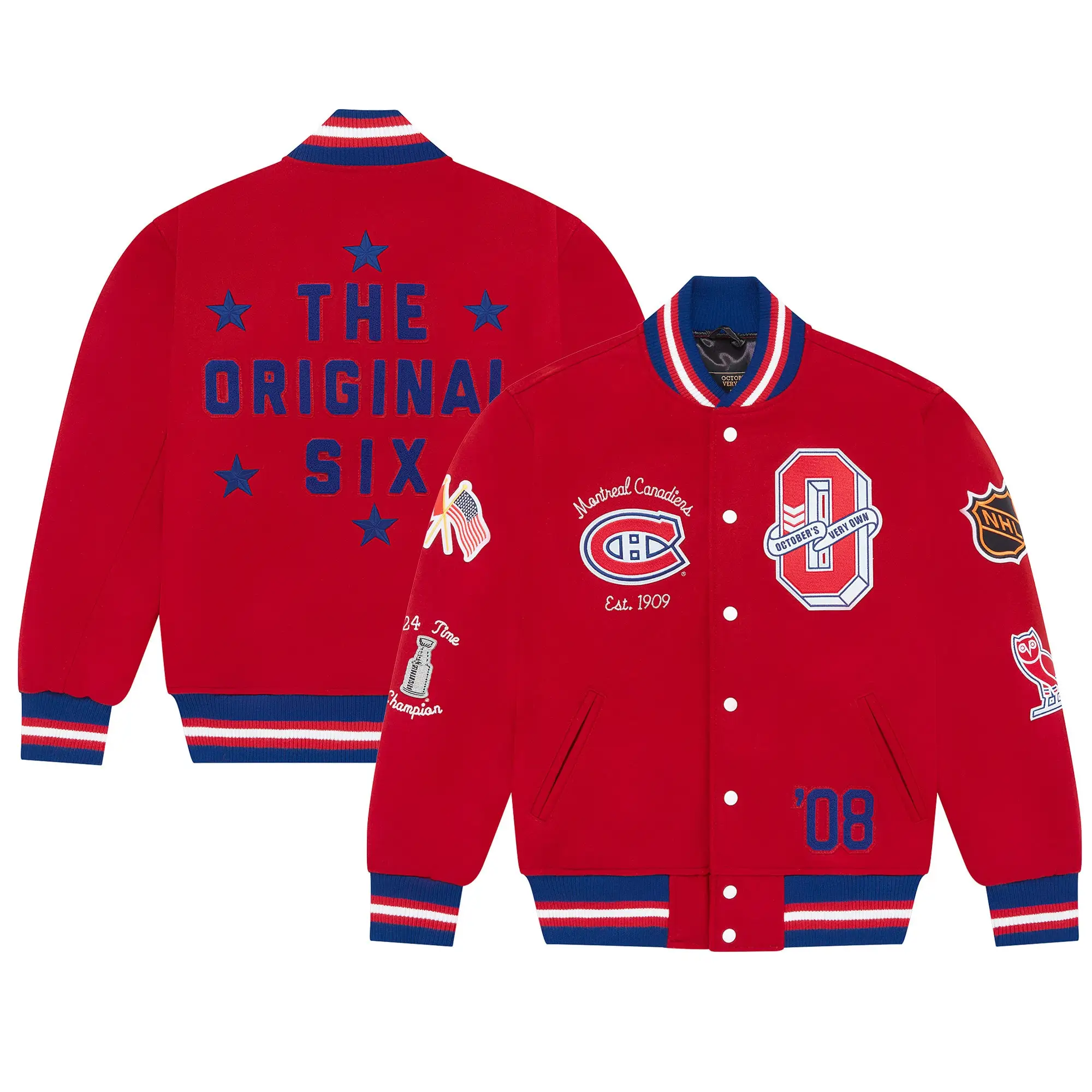 Montreal Canadiens OVO x NHL Red Full-Snap Varsity Jacket - Image 7