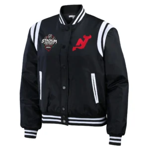 Women's New Jersey Devils Full Zip Black Satin Bomber Jacket