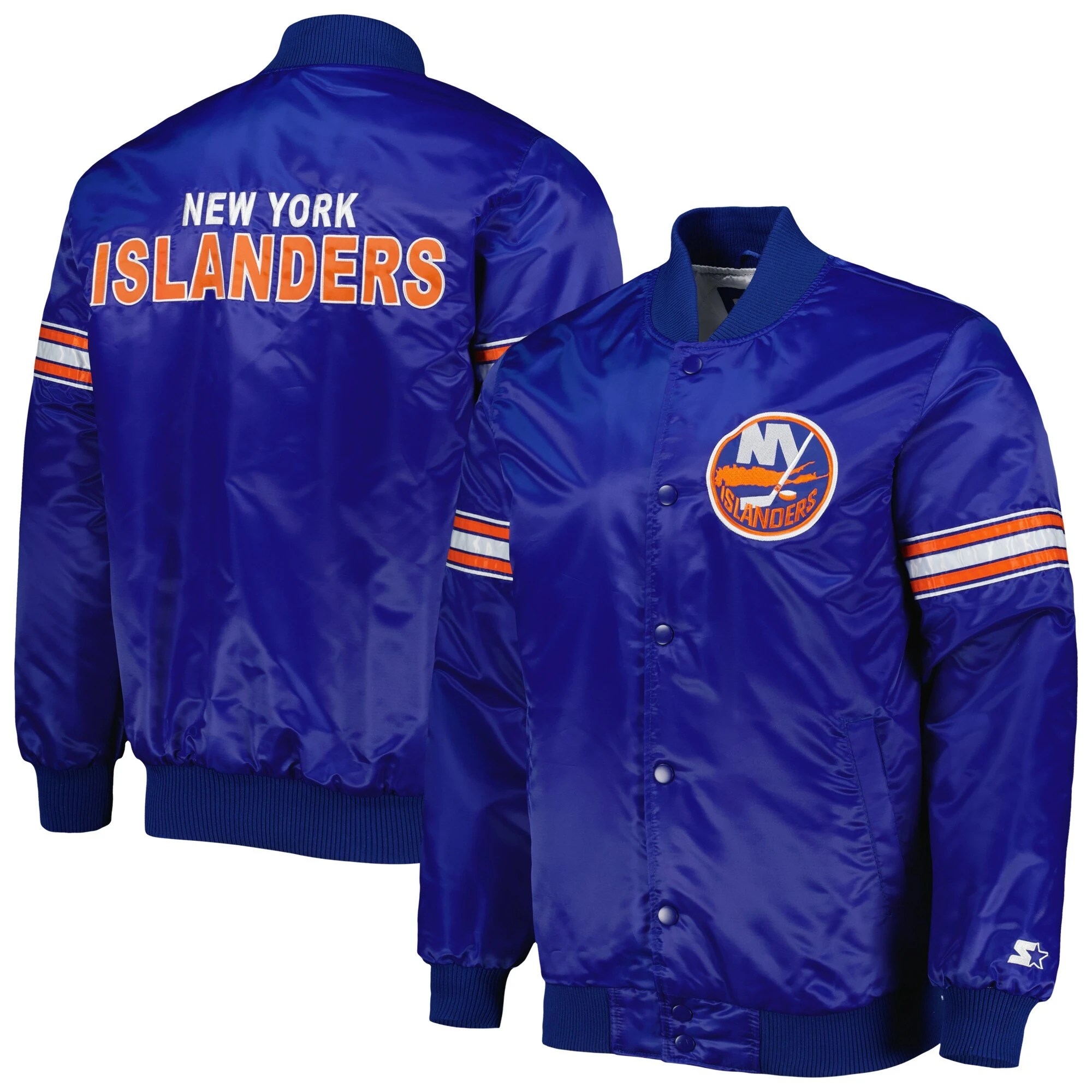 New York Islanders Pick and Roll Royal Blue Satin Varsity Jacket - Image 3