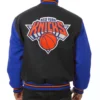New York Knicks Two Tone Wool & Leather Varsity Jacket Black & Blue - Image 2