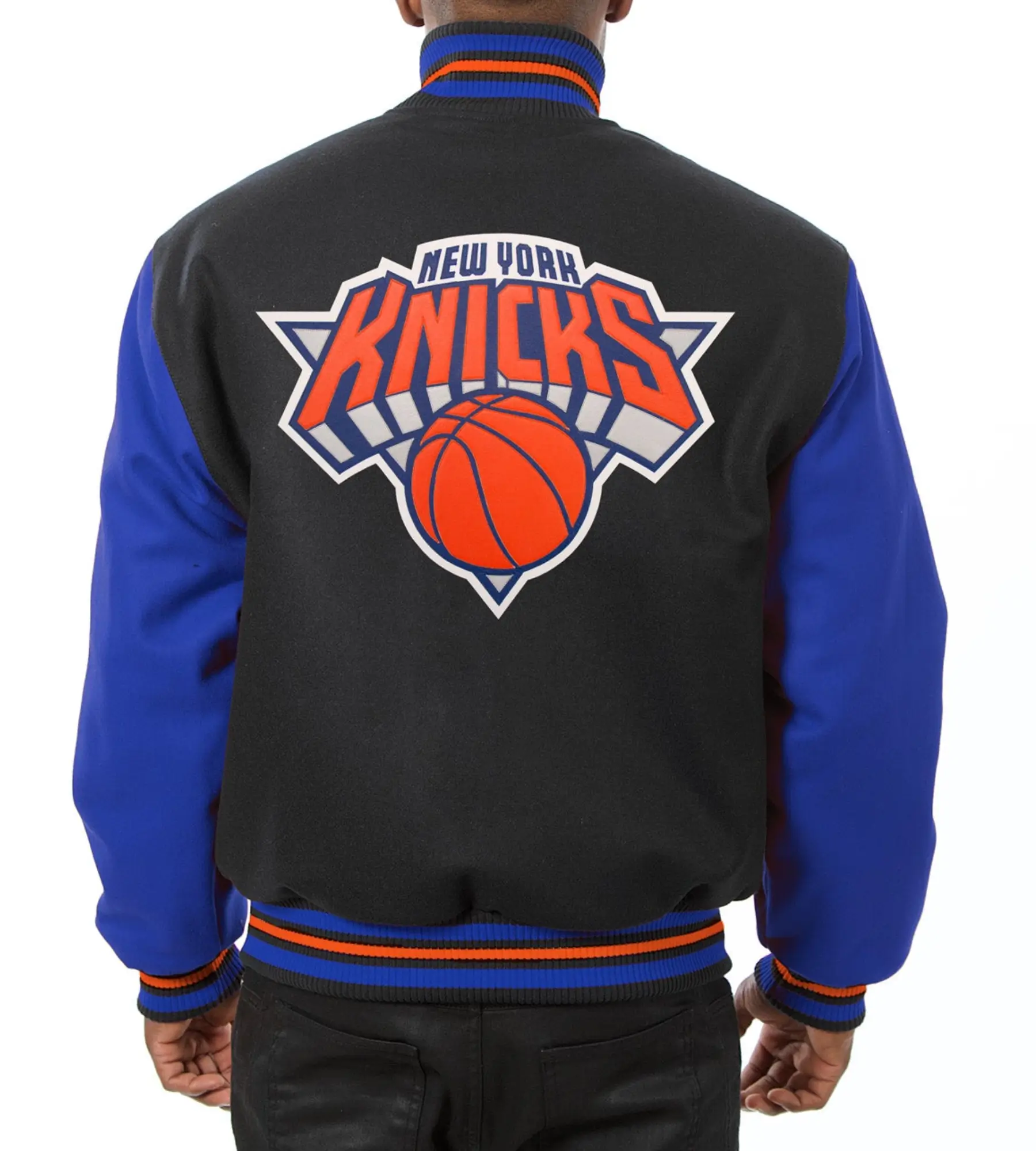 New York Knicks Two Tone Wool & Leather Varsity Jacket Black & Blue - Image 2