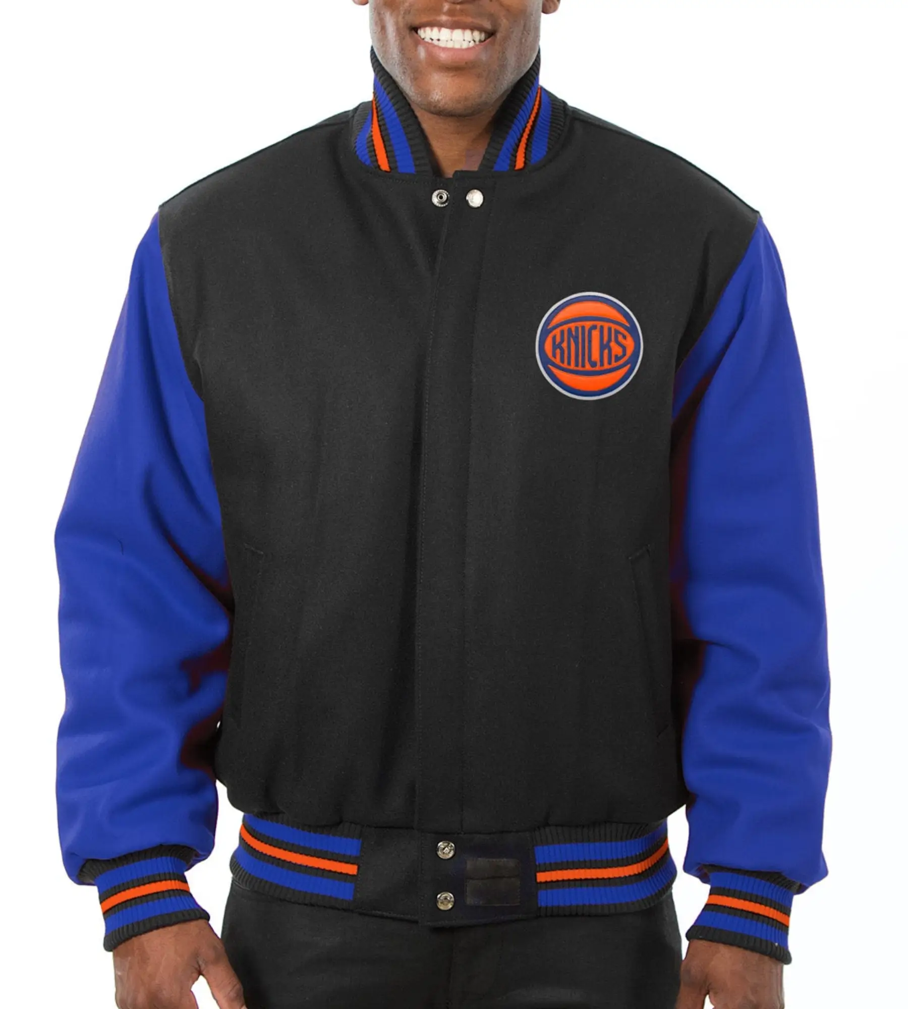New York Knicks Two Tone Wool & Leather Varsity Jacket Black & Blue