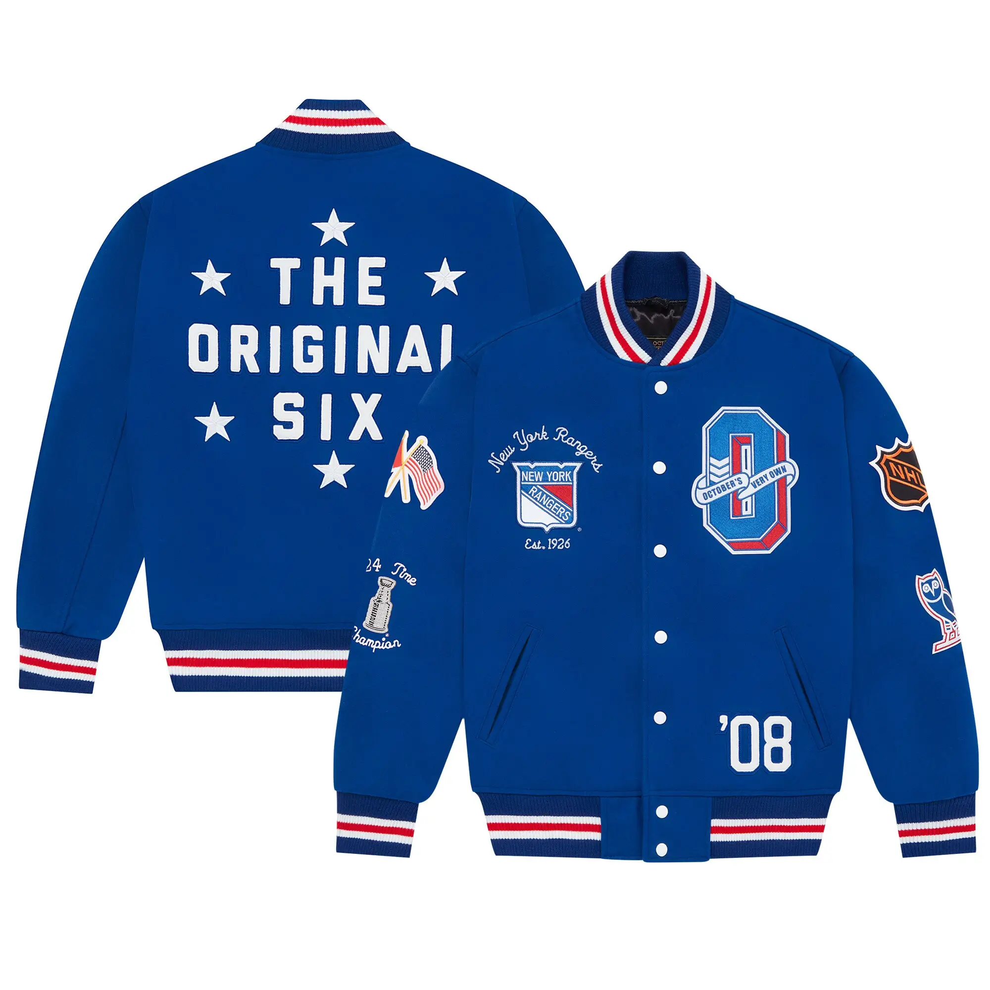 New York Rangers OVO Blue Full-Snap Varsity Jacket - Image 7