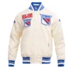 New York Rangers Retro Classic Cream Satin Varsity Jacket